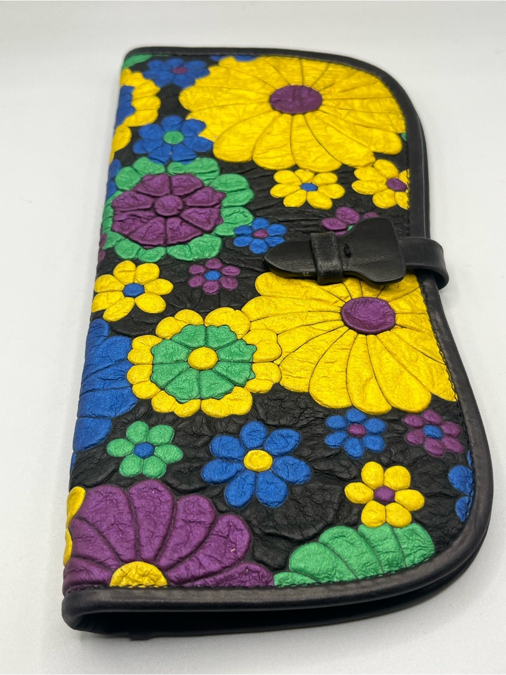Colorful Floral Leather Wallet - Black with Yellow, Green, Blue & Purple Flowers